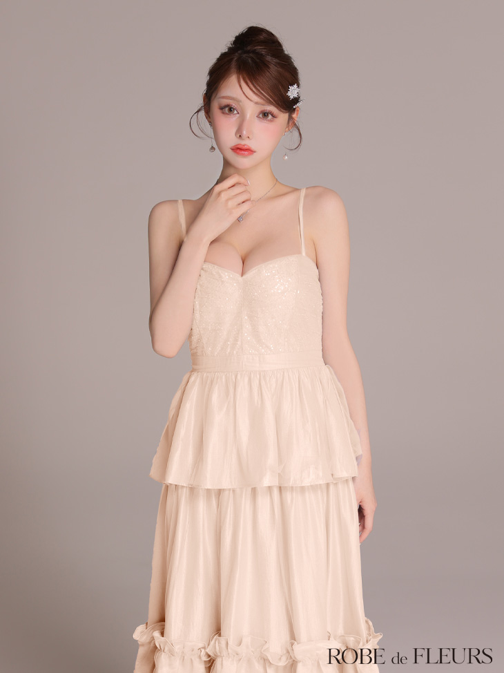 ROBE de FLEURS ローブドフルール 【XS～Lサイズあり】サテンビーズチュールペプラムキャミフレアロングキャバドレス fm4139-c