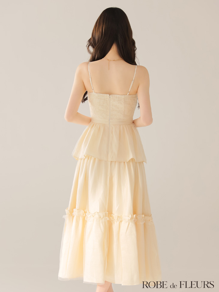 ROBE de FLEURS ローブドフルール 【XS～Lサイズあり】サテンビーズチュールペプラムキャミフレアロングキャバドレス fm4139-c