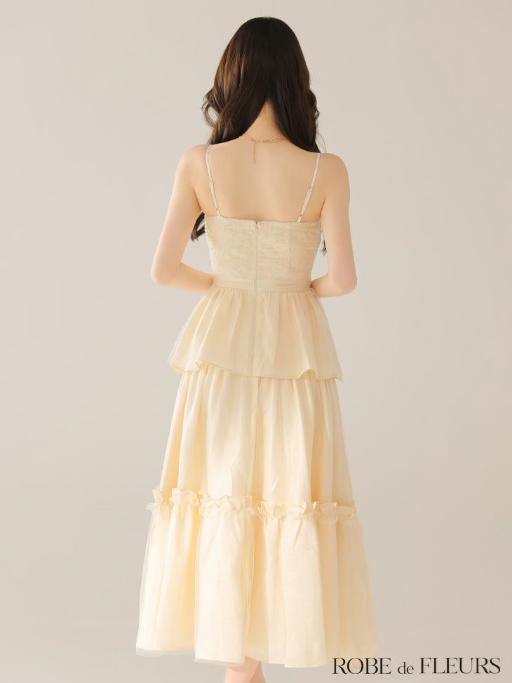 ROBE de FLEURS ローブドフルール 【XS～Lサイズあり】サテンビーズチュールペプラムキャミフレアロングキャバドレス fm4139-c