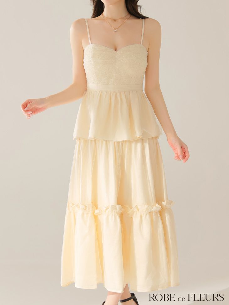 ROBE de FLEURS ローブドフルール 【XS～Lサイズあり】サテンビーズチュールペプラムキャミフレアロングキャバドレス fm4139-c