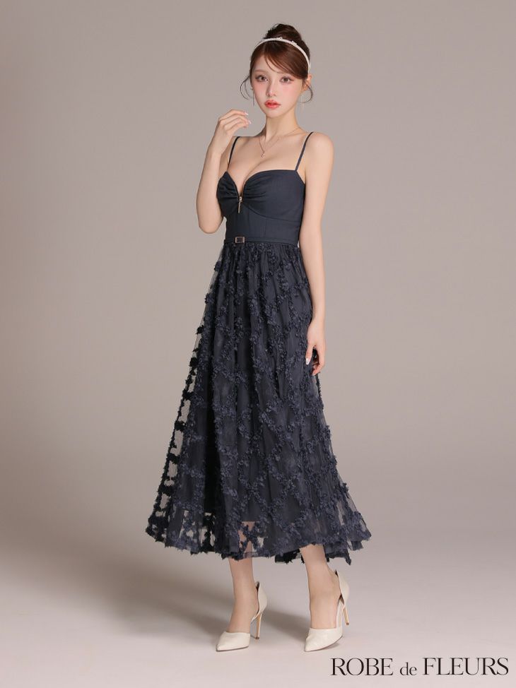 ROBE de FLEURS ローブドフルール 【XS～Lサイズあり】フラワーレースフレアキャミロングキャバドレス fm3467-c