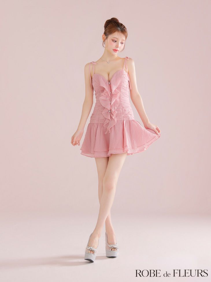 ROBE de FLEURS ローブドフルール 【XSサイズあり】サテンフロントシフォンフレアミニキャバドレス fm4326-c