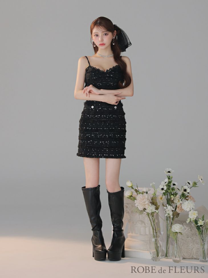 ROBE de FLEURS ローブドフルール 【XSサイズあり】フェザースパンコールツイードミニキャバドレス fm4224-c