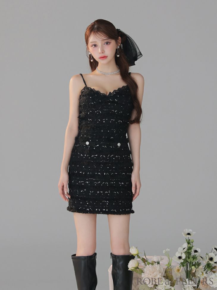 ROBE de FLEURS ローブドフルール 【XSサイズあり】フェザースパンコールツイードミニキャバドレス fm4224-c