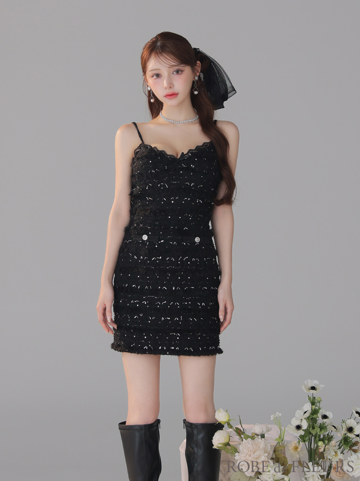 ROBE de FLEURS ローブドフルール 【XSサイズあり】フェザースパンコールツイードミニキャバドレス fm4224-c
