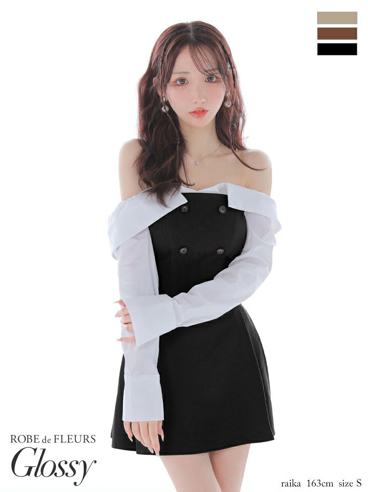 Glossy ローブドフルールグロッシー 【XSサイズあり】シャツオフショルデザインフロントボタンフレアミニキャバドレス gl4324-c