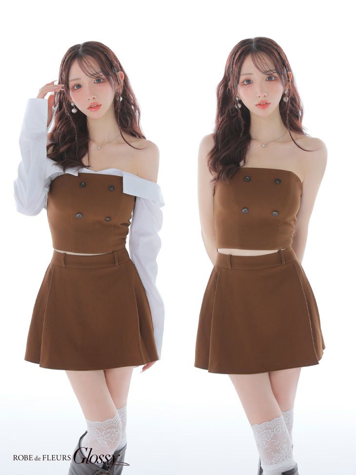 Glossy ローブドフルールグロッシー 【XSサイズあり】シャツオフショルデザインフロントボタンフレアミニキャバドレス gl4324-c