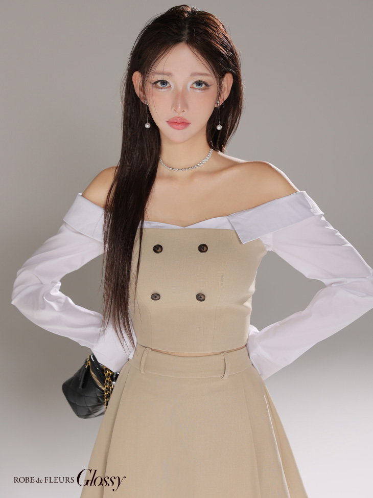 Glossy ローブドフルールグロッシー 【XSサイズあり】シャツオフショルデザインフロントボタンフレアミニキャバドレス gl4324-c