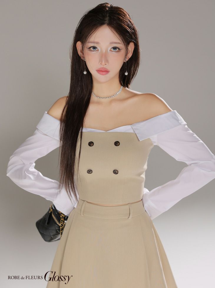 Glossy ローブドフルールグロッシー 【XSサイズあり】シャツオフショルデザインフロントボタンフレアミニキャバドレス gl4324-c