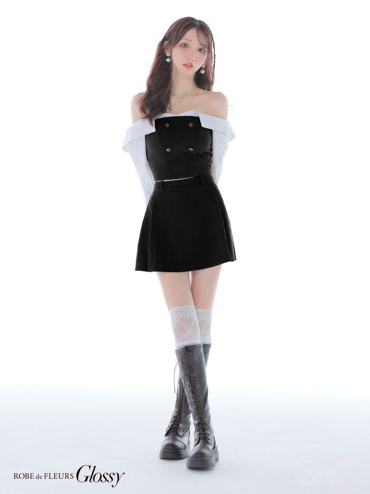 Glossy ローブドフルールグロッシー 【XSサイズあり】シャツオフショルデザインフロントボタンフレアミニキャバドレス gl4324-c