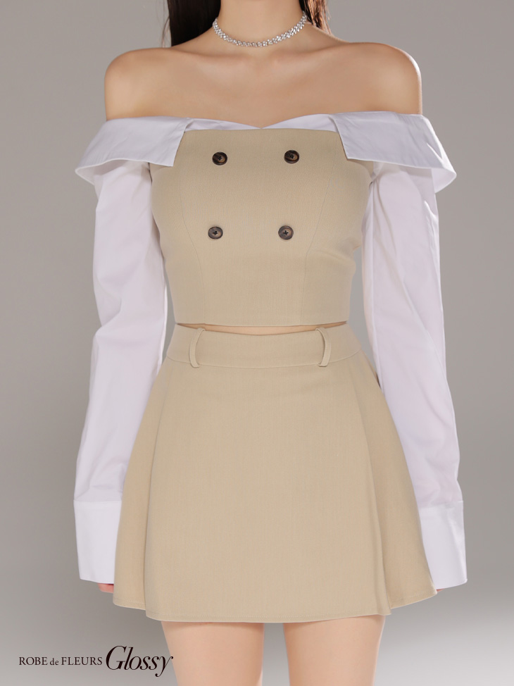 Glossy ローブドフルールグロッシー 【XSサイズあり】シャツオフショルデザインフロントボタンフレアミニキャバドレス gl4324-c