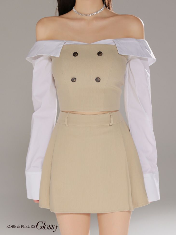 Glossy ローブドフルールグロッシー 【XSサイズあり】シャツオフショルデザインフロントボタンフレアミニキャバドレス gl4324-c