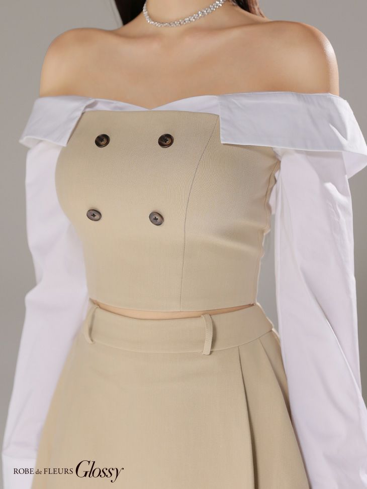 Glossy ローブドフルールグロッシー 【XSサイズあり】シャツオフショルデザインフロントボタンフレアミニキャバドレス gl4324-c