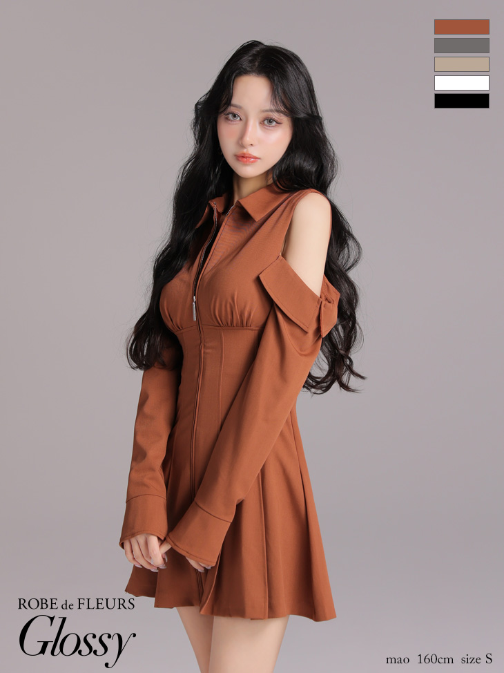 Glossy ローブドフルールグロッシー 【XSサイズあり】オフショルダーカットデザインフレアミニキャバドレス gl4126-c