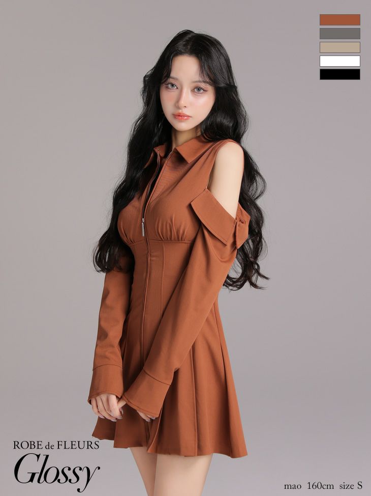 Glossy ローブドフルールグロッシー 【XSサイズあり】オフショルダーカットデザインフレアミニキャバドレス gl4126-c