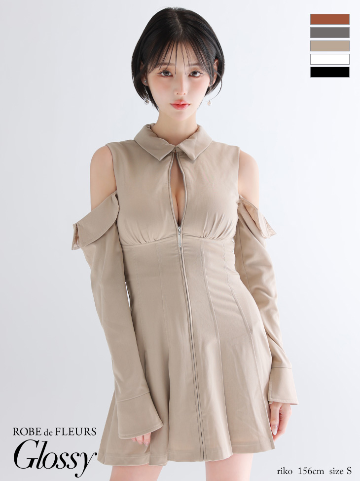 Glossy ローブドフルールグロッシー 【XSサイズあり】オフショルダーカットデザインフレアミニキャバドレス gl4126-c