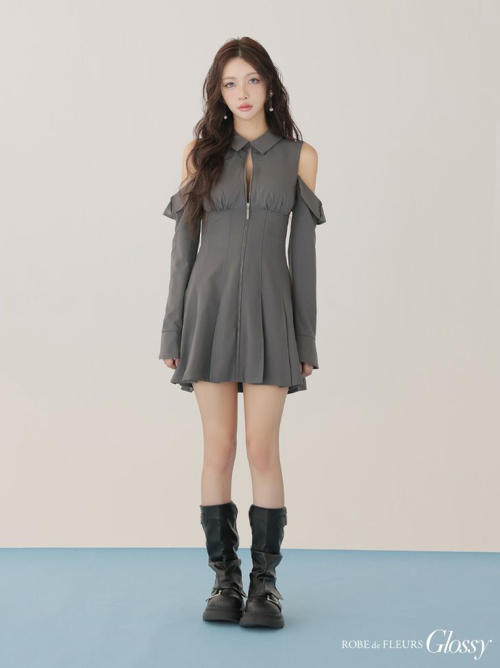 Glossy ローブドフルールグロッシー 【XSサイズあり】オフショルダーカットデザインフレアミニキャバドレス gl4126-c