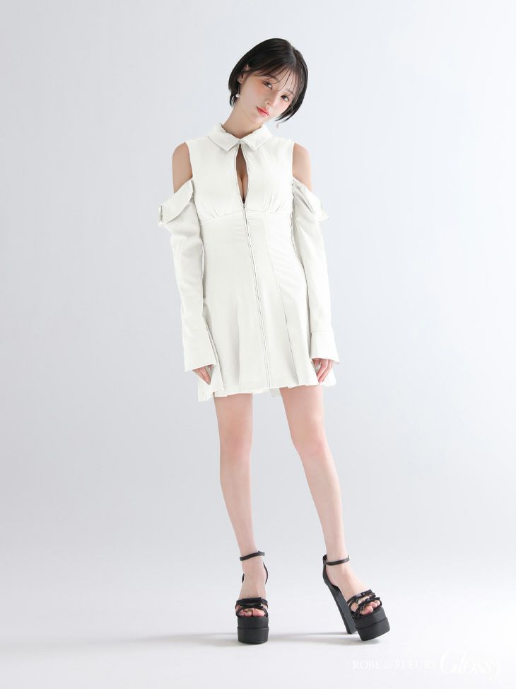 Glossy ローブドフルールグロッシー 【XSサイズあり】オフショルダーカットデザインフレアミニキャバドレス gl4126-c