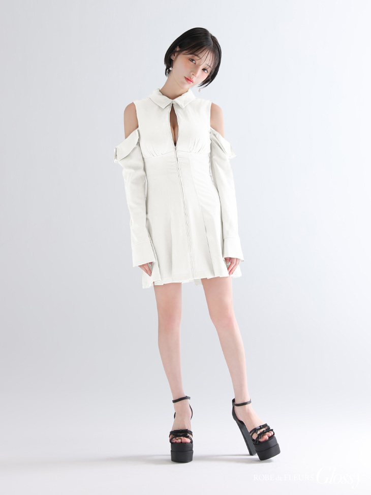 Glossy ローブドフルールグロッシー 【XSサイズあり】オフショルダーカットデザインフレアミニキャバドレス gl4126-c