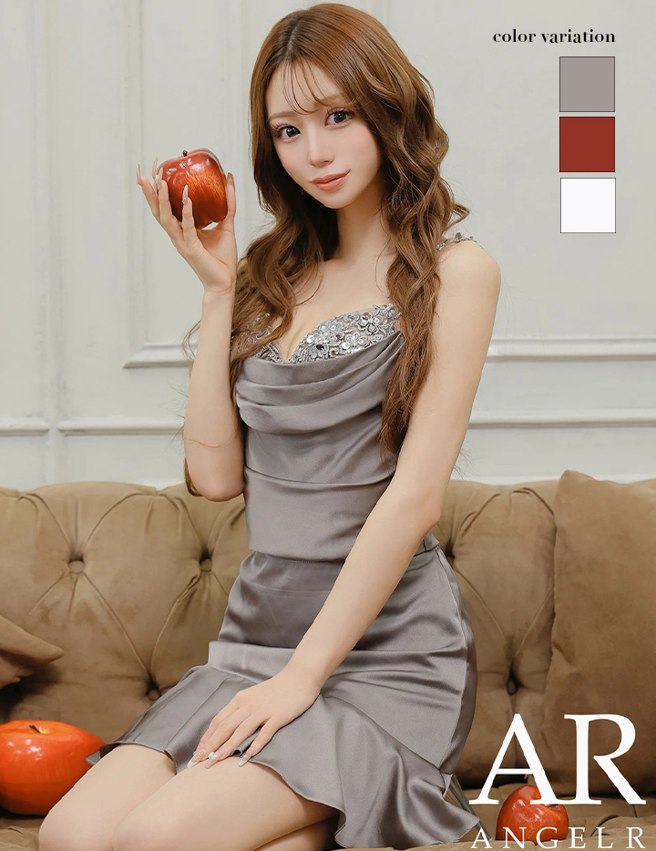 AngelR エンジェルアール フラワーレースドレープサテンフリルビジューセパレートフレアミニドレス ar25242