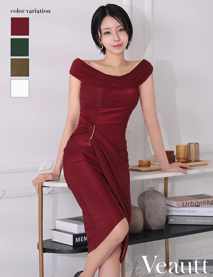 Veautt ヴュート オフショルダー2wayウエストチャームタイトミディアムドレス vt022518