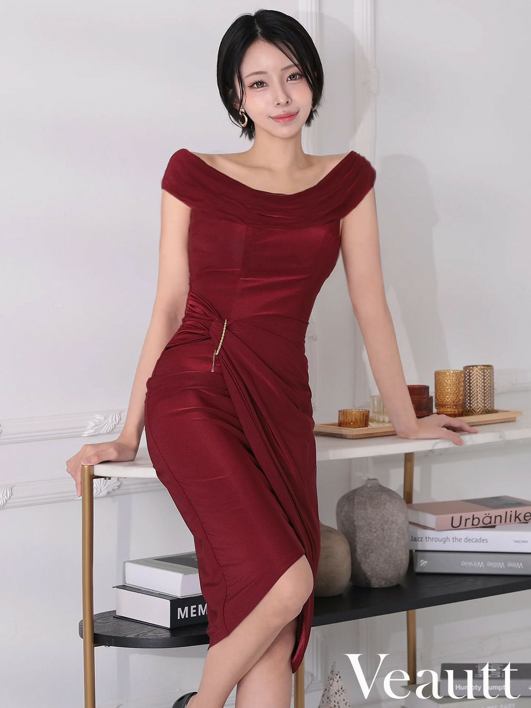 Veautt ヴュート オフショルダー2wayウエストチャームタイトミディアムドレス vt022518