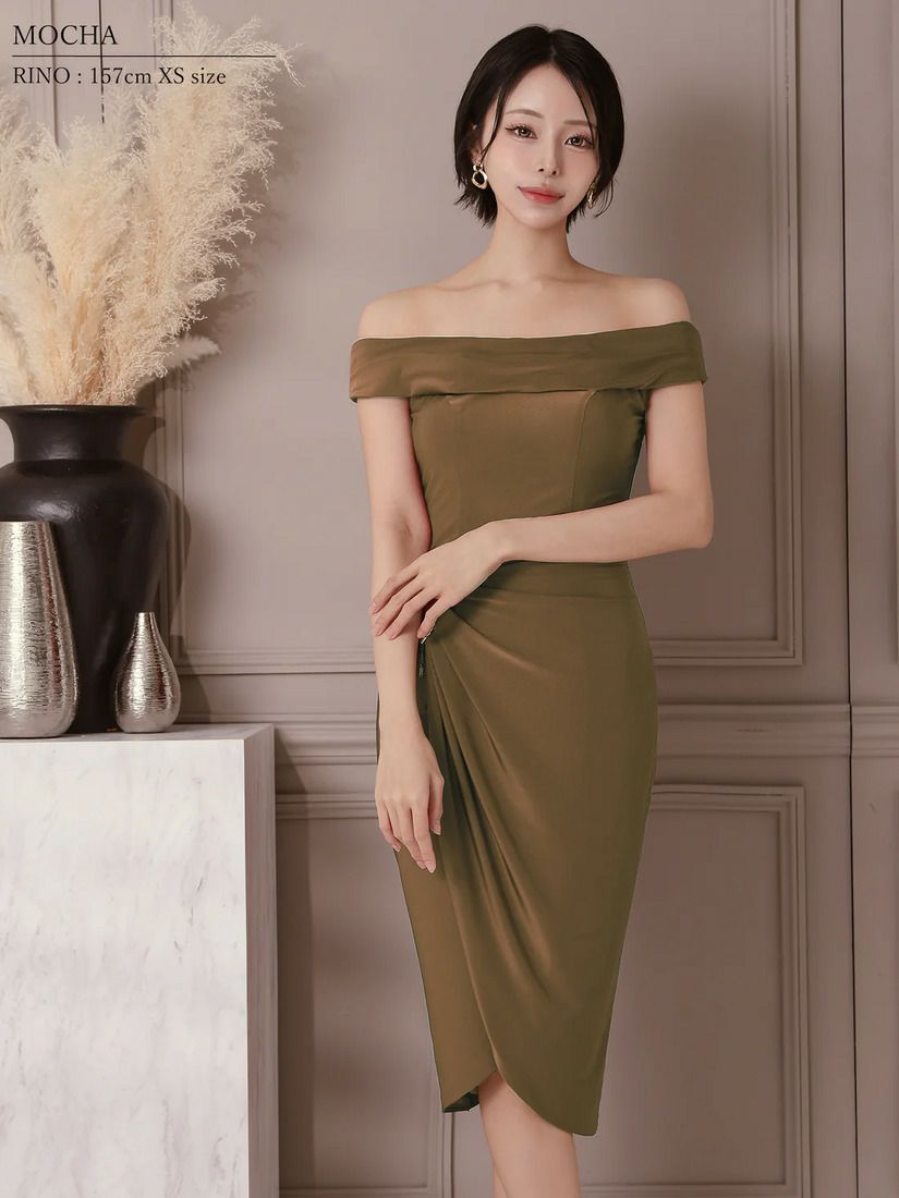 Veautt ヴュート オフショルダー2wayウエストチャームタイトミディアムドレス vt022518