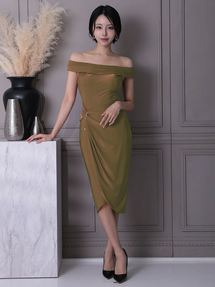 Veautt ヴュート オフショルダー2wayウエストチャームタイトミディアムドレス vt022518