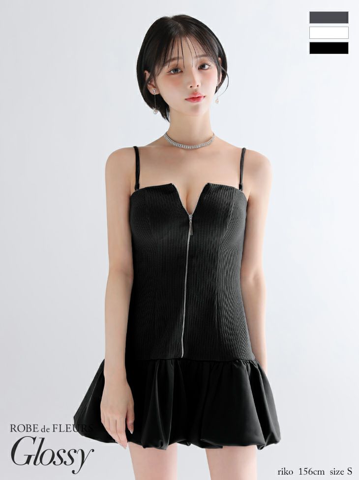Glossy ローブドフルールグロッシー 【XSサイズあり】センタージップリブバルーンミニキャバドレス gl3385