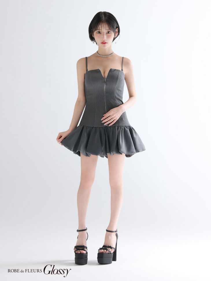 Glossy ローブドフルールグロッシー 【XSサイズあり】センタージップリブバルーンミニキャバドレス gl3385