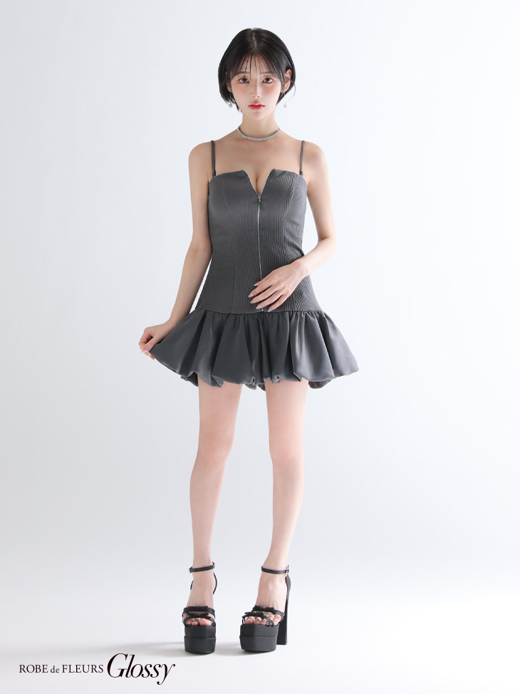 Glossy ローブドフルールグロッシー 【XSサイズあり】センタージップリブバルーンミニキャバドレス gl3385