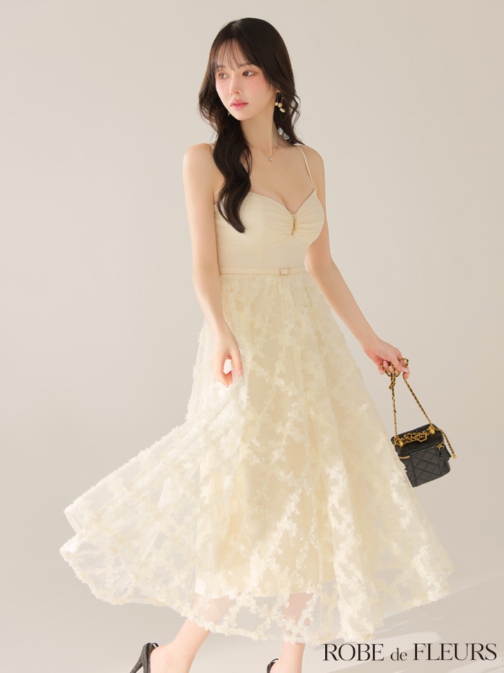 ROBE de FLEURS ローブドフルール 【XS～Lサイズあり】フラワーレースフレアキャミロングキャバドレス fm3467