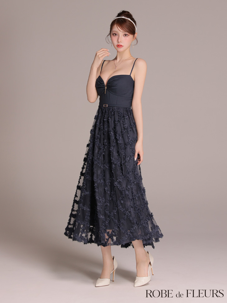 ROBE de FLEURS ローブドフルール 【XS～Lサイズあり】フラワーレースフレアキャミロングキャバドレス fm3467