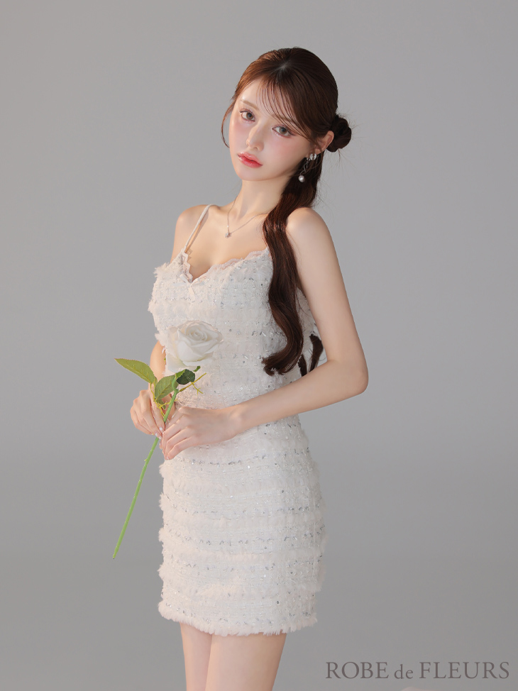 ROBE de FLEURS ローブドフルール　リボンスパンコールツイードドレス ROBE de FLEURS ローブドフルール リボンスパンコールツイードドレス