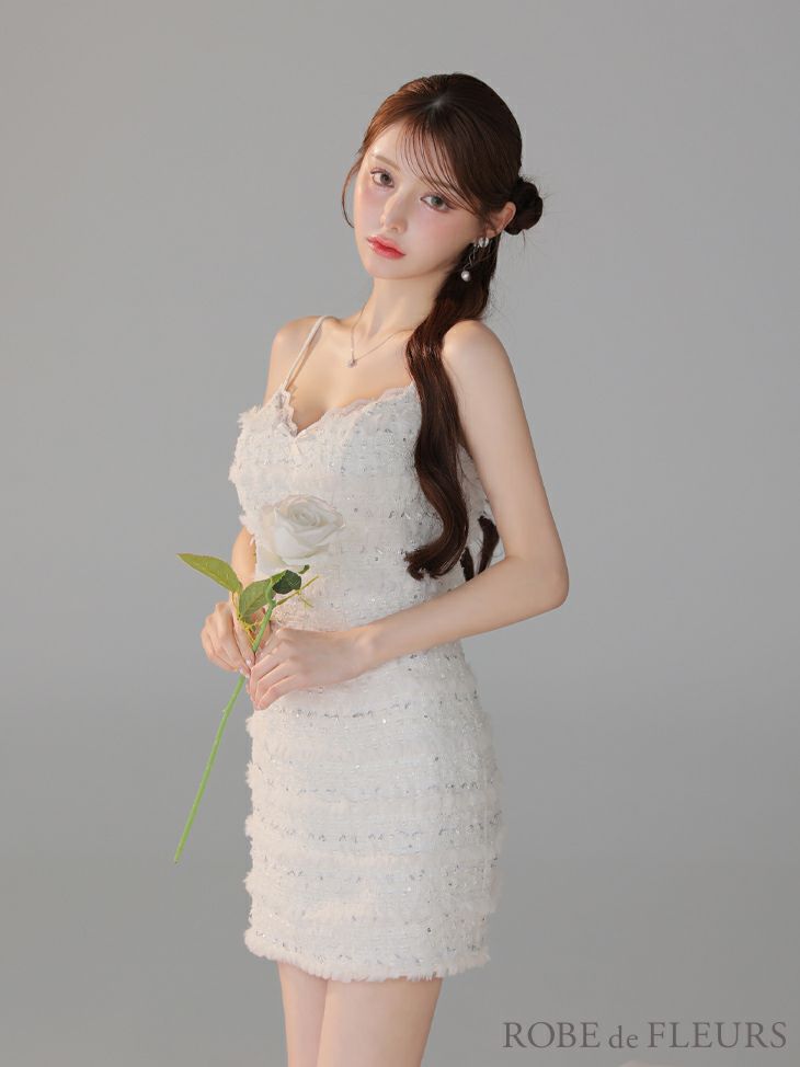 ROBE de FLEURS ローブドフルール 【XSサイズあり】フェザースパンコールツイードミニキャバドレス fm4224
