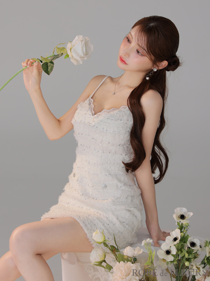 ROBE de FLEURS ローブドフルール 【XSサイズあり】フェザースパンコールツイードミニキャバドレス fm4224