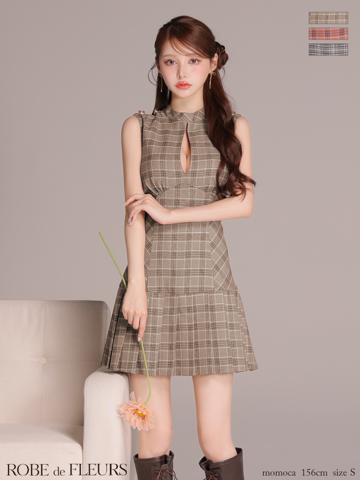 ROBE de FLEURS ローブドフルール 【XSサイズあり】クラシカルチェックツイルプリーツミニキャバドレス fm3389