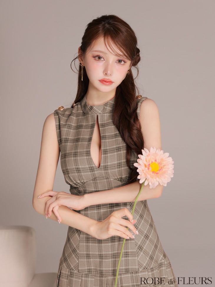 ROBE de FLEURS ローブドフルール 【XSサイズあり】クラシカルチェックツイルプリーツミニキャバドレス fm3389