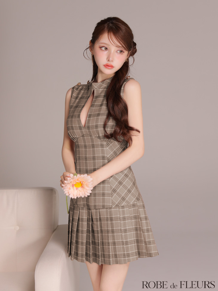 ROBE de FLEURS ローブドフルール 【XSサイズあり】クラシカルチェックツイルプリーツミニキャバドレス fm3389