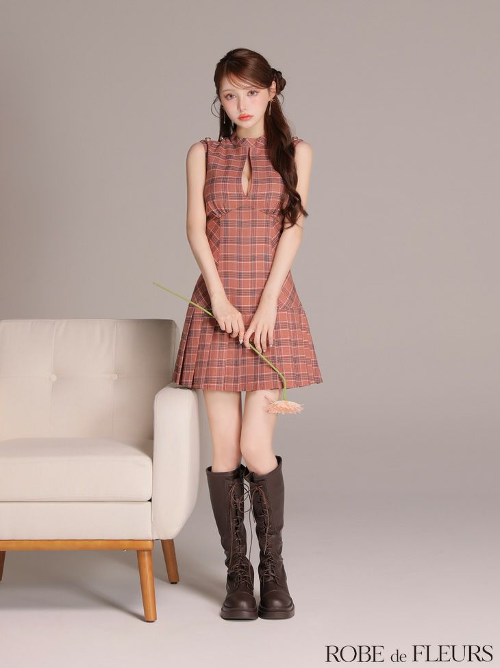 ROBE de FLEURS ローブドフルール 【XSサイズあり】クラシカルチェックツイルプリーツミニキャバドレス fm3389