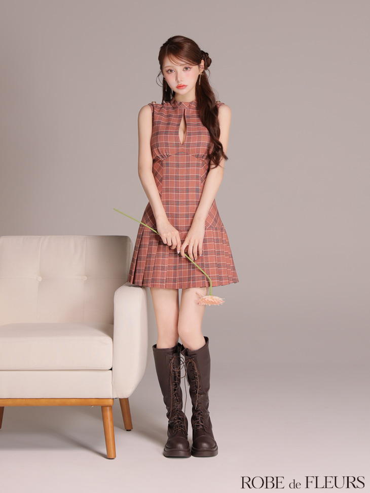 ROBE de FLEURS ローブドフルール 【XSサイズあり】クラシカルチェックツイルプリーツミニキャバドレス fm3389