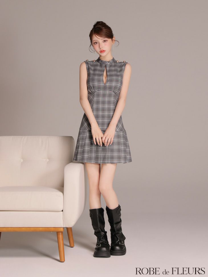 ROBE de FLEURS ローブドフルール 【XSサイズあり】クラシカルチェックツイルプリーツミニキャバドレス fm3389