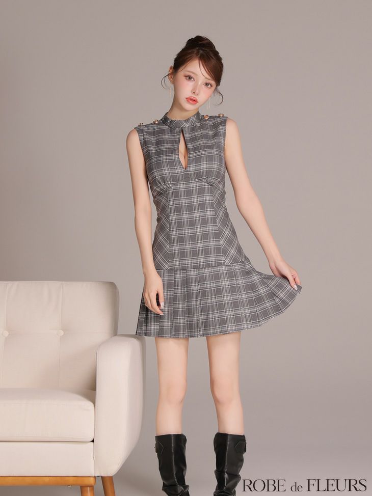 ROBE de FLEURS ローブドフルール 【XSサイズあり】クラシカルチェックツイルプリーツミニキャバドレス fm3389