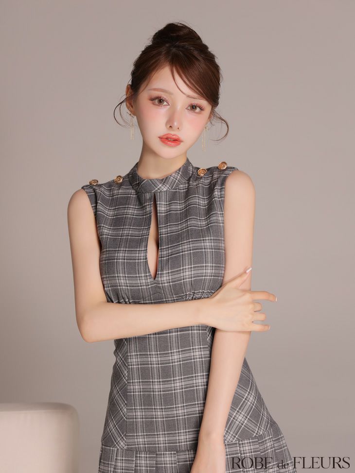 ROBE de FLEURS ローブドフルール 【XSサイズあり】クラシカルチェックツイルプリーツミニキャバドレス fm3389