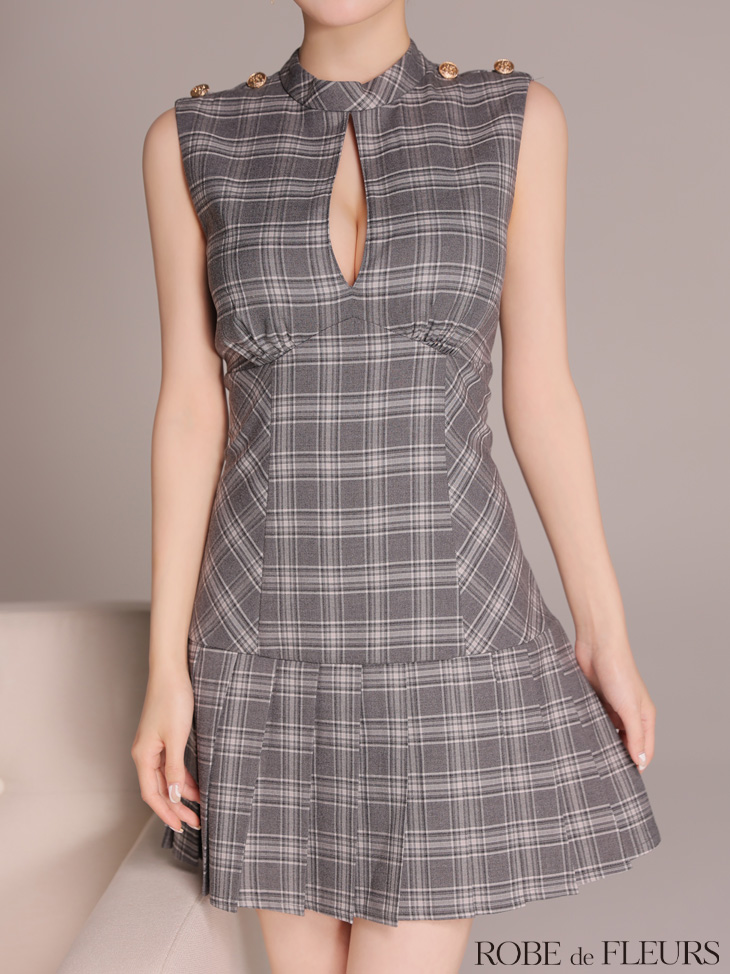 ROBE de FLEURS ローブドフルール 【XSサイズあり】クラシカルチェックツイルプリーツミニキャバドレス fm3389