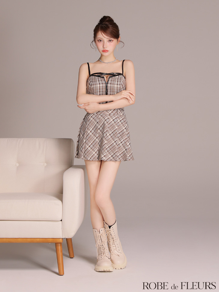ROBE de FLEURS ローブドフルール 【XSサイズあり】レザーミニリボンチェックフレアセットアップミニキャバドレス fm4308