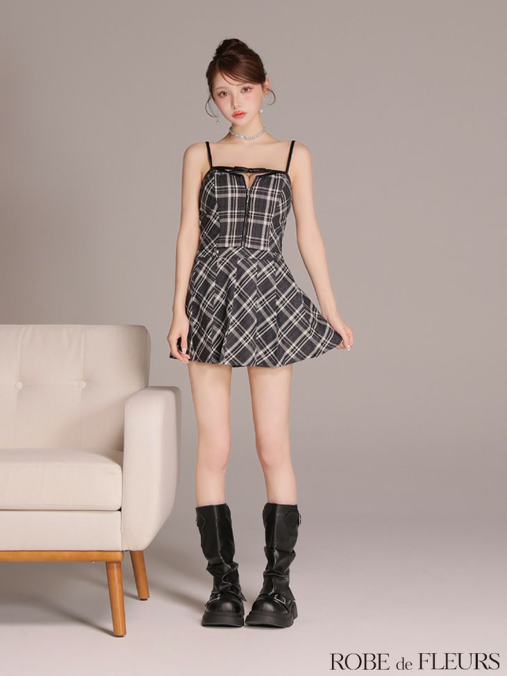 ROBE de FLEURS ローブドフルール 【XSサイズあり】レザーミニリボンチェックフレアセットアップミニキャバドレス fm4308