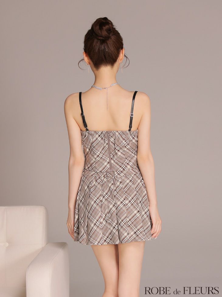 ROBE de FLEURS ローブドフルール 【XSサイズあり】レザーミニリボンチェックフレアセットアップミニキャバドレス fm4308