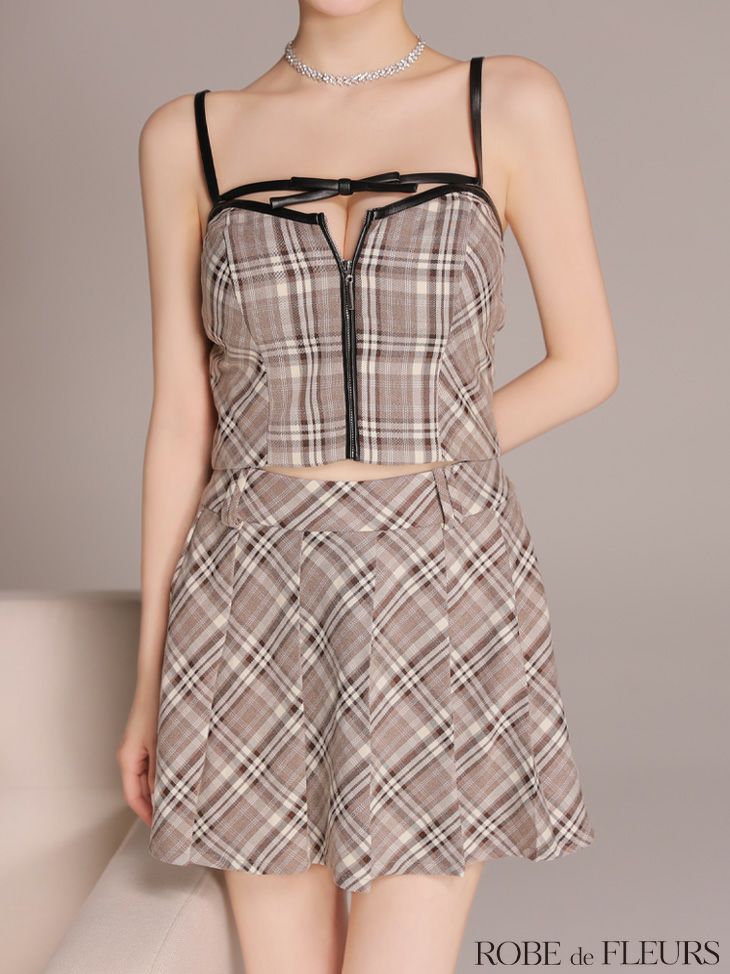 ROBE de FLEURS ローブドフルール 【XSサイズあり】レザーミニリボンチェックフレアセットアップミニキャバドレス fm4308