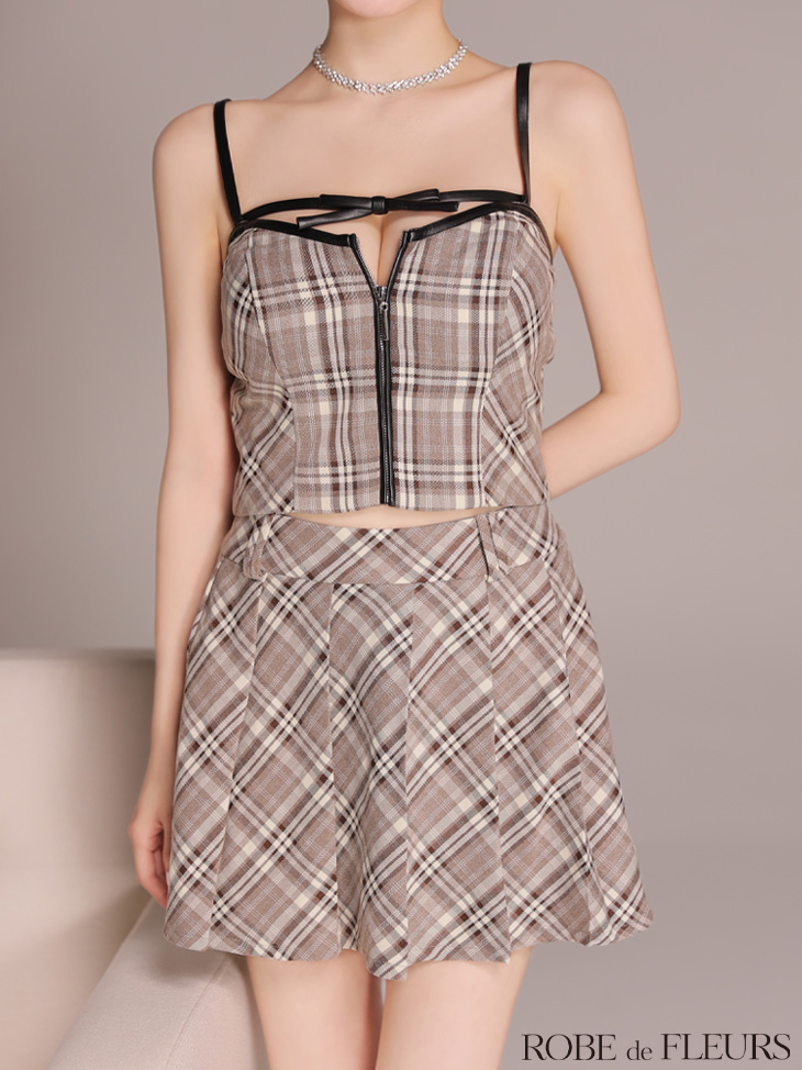 ROBE de FLEURS ローブドフルール 【XSサイズあり】レザーミニリボンチェックフレアセットアップミニキャバドレス fm4308